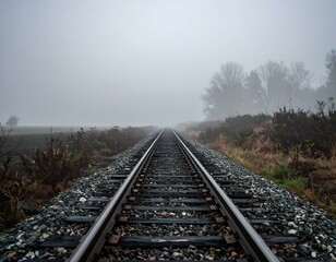 Fototapeta premium Misty railroad tracks vanishing into the fog. A scenic, atmospheric image perfect for travel, mood, or transportation themes.