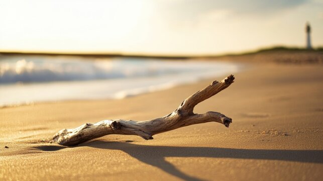 Driftwood branch on sandy beach at sunrise.