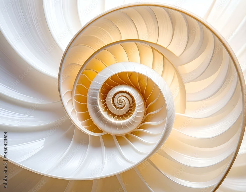 Poster close-up of a nautilus shell, showcasing its intricate spiral structure and warm, creamy tones. perf