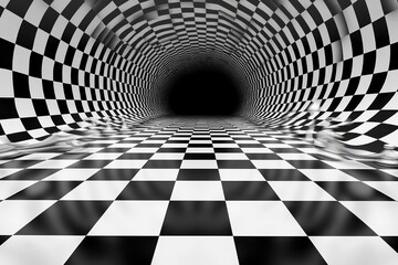 Abstract checkered tunnel leading to darkness.