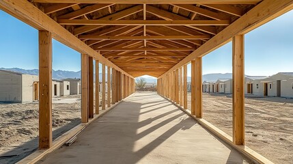 Obraz premium Unfinished wooden corridor with cement ground and mountains in sunlight.