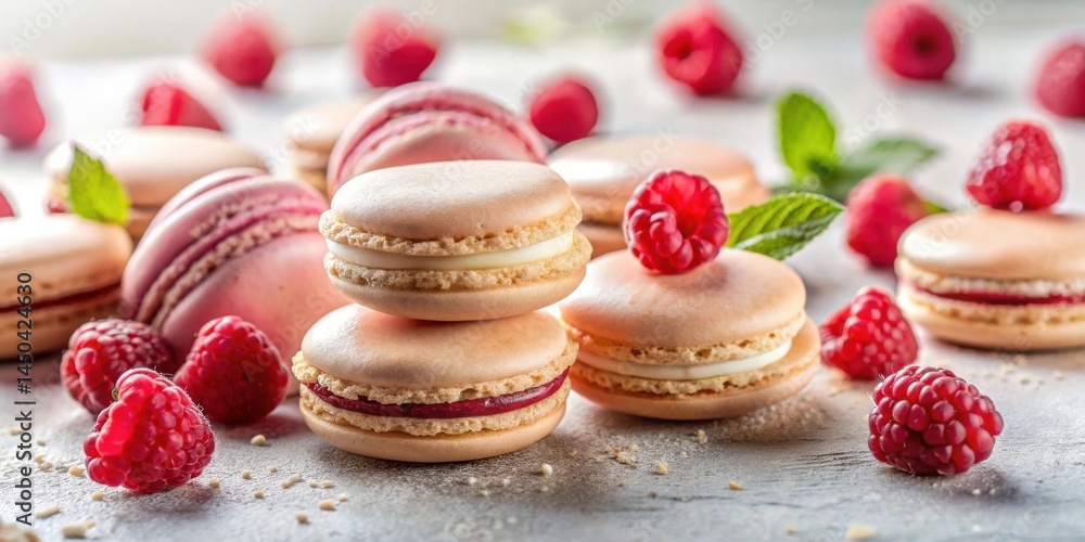 Poster A Stack of Pink Macarons Topped with Fresh Raspberries and Mint Leaves on a Light Gray Surface