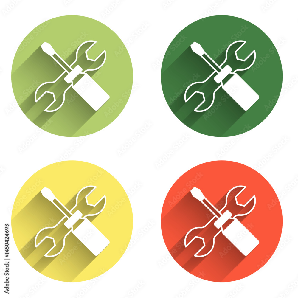 Poster set screwdriver and wrench spanner tools icon isolated with long shadow background. service tool sym