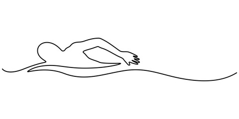 Fototapeta premium Single continuous line drawing of young happy professional swimmer man focus training in gym swimming pool center, One continuous line drawing of Marathon Swimming sports vector illustration. minimal.