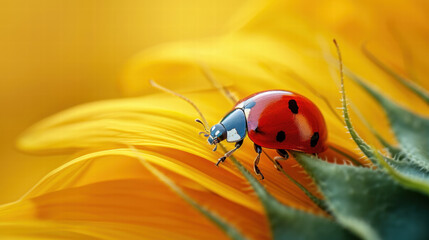 Macro shot of ladybug on bright yellow sunflower petal with green leaves in soft focus