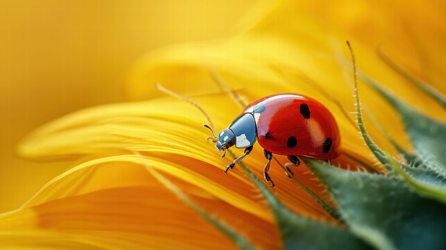Macro shot of ladybug on bright yellow sunflower petal with green leaves in soft focus