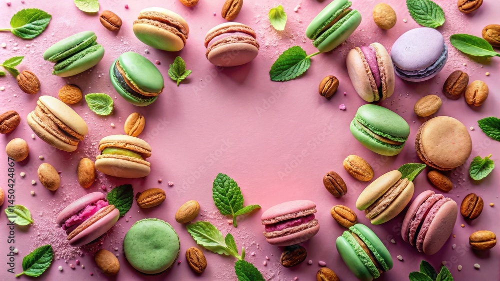 Poster a pastel pink backdrop is adorned with an assortment of colorful macarons, green mint leaves, and sc
