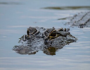 Alligator eye peering from water.  Close-up shot of an alligator's head and eye partially submerged in calm water, showcasing detailed textures and reflections.