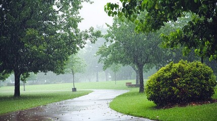 Rainy park scene with wet green grass, damp trees, and fresh bushes isolated on white