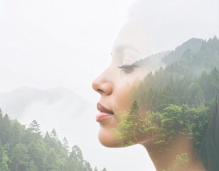 Artistic image combining a serene woman's profile with misty forested mountains, representing harmony, nature connection, and inner peace.