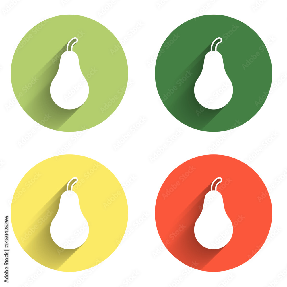Poster set pear icon isolated with long shadow background. fruit with leaf symbol. color circle button. vec
