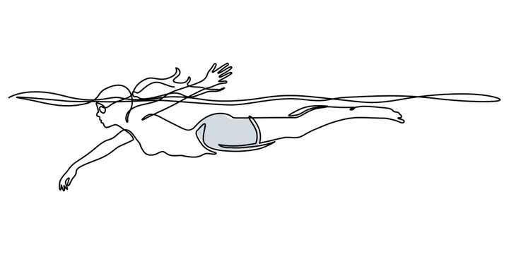 Single continuous line drawing of young happy professional swimmer man focus training in gym swimming pool center, One continuous line drawing of Marathon Swimming sports vector illustration. minimal.