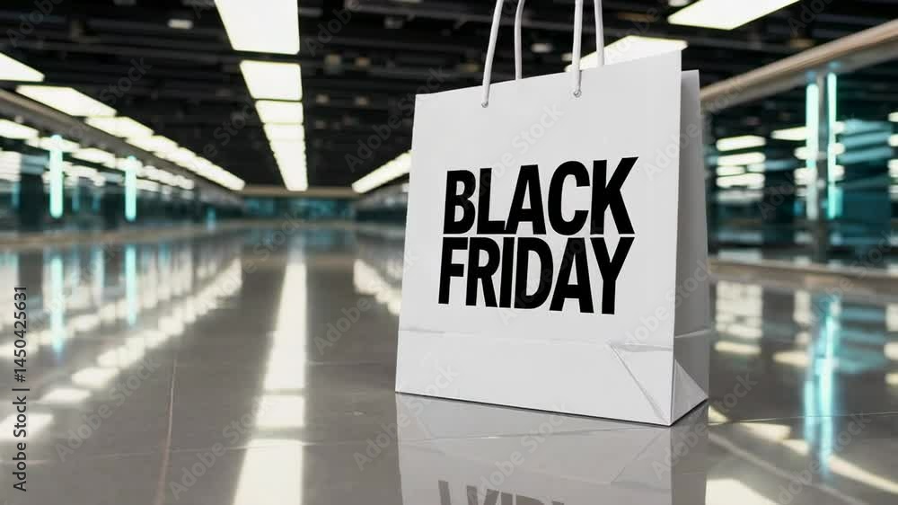 Poster multiple white shopping bags with black friday in black letters stand on a shiny floor in an empty m