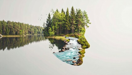 Creative double exposure of a serene forest landscape with a river blended into a human face silhouette, symbolizing nature connection.