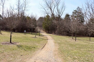 The dirt nature trail in the park on a sunny day.
