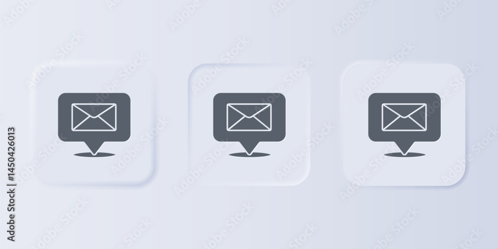 Poster grey speech bubble with envelope icon isolated on grey background. set icons in square buttons. vect
