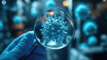 Close-up of a magnified virus specimen under a magnifying glass.