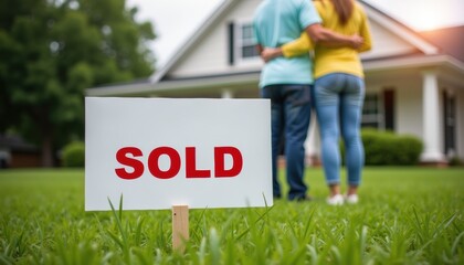 Couple celebrating home purchase with "Sold" sign in garden  