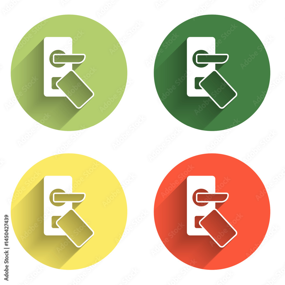 Poster set digital door lock with wireless technology for unlock icon isolated with long shadow background.