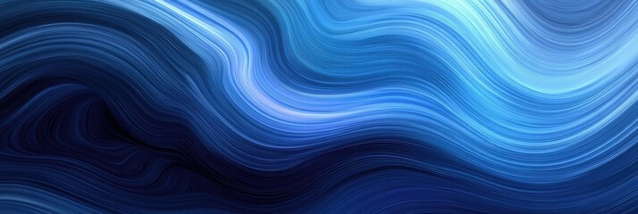 The flowing abstract dark blue background features dynamic, curving lines and light gradient