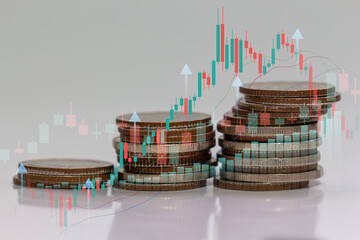 Money technology background concept of business prosperity, Row of coins and candle graph, Finance ideas and charts for business.