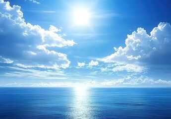 Obraz premium Realistic photography of a blue sky with white clouds, a bright sun, and a blue sea with sparkling waves