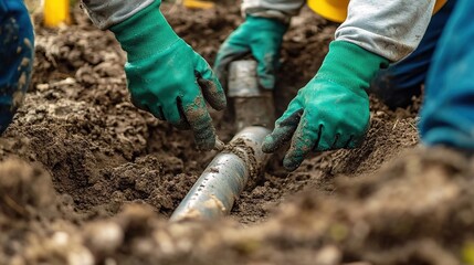 Realistic photography of workers laying underground pipes in a muddy pit, with natural light and dark tones