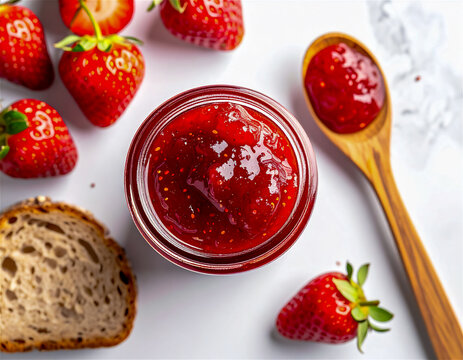 Homemade Strawberry Jam in Glass Jar &ndash; Fresh and Sweet Spread, Mermelada Casera de Fresa en Frasco de Vidrio &ndash; Untable Dulce y Fresco, Generated image