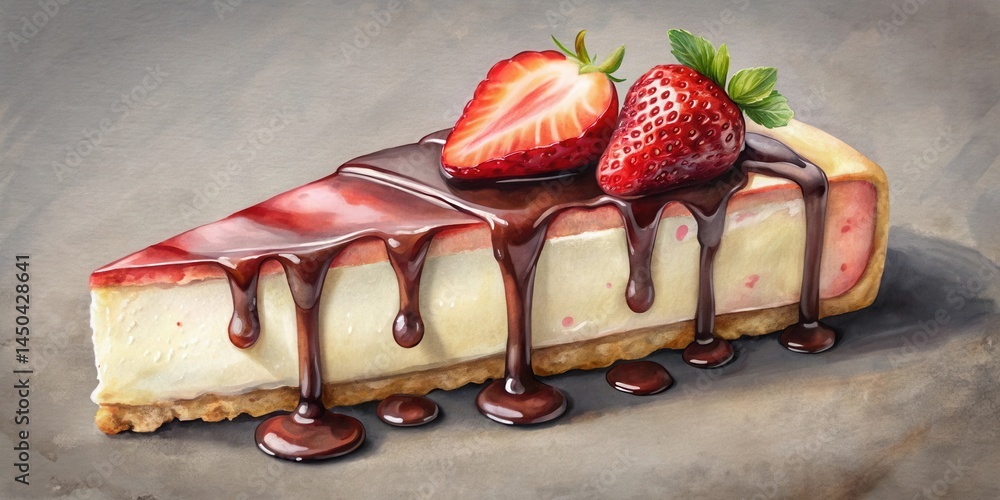 Poster a slice of cheesecake with a strawberry and chocolate drizzle on top, creating a decadent dessert ex