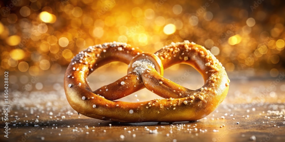 Poster a golden brown pretzel with a sprinkle of salt sits on a table with a blurred golden background