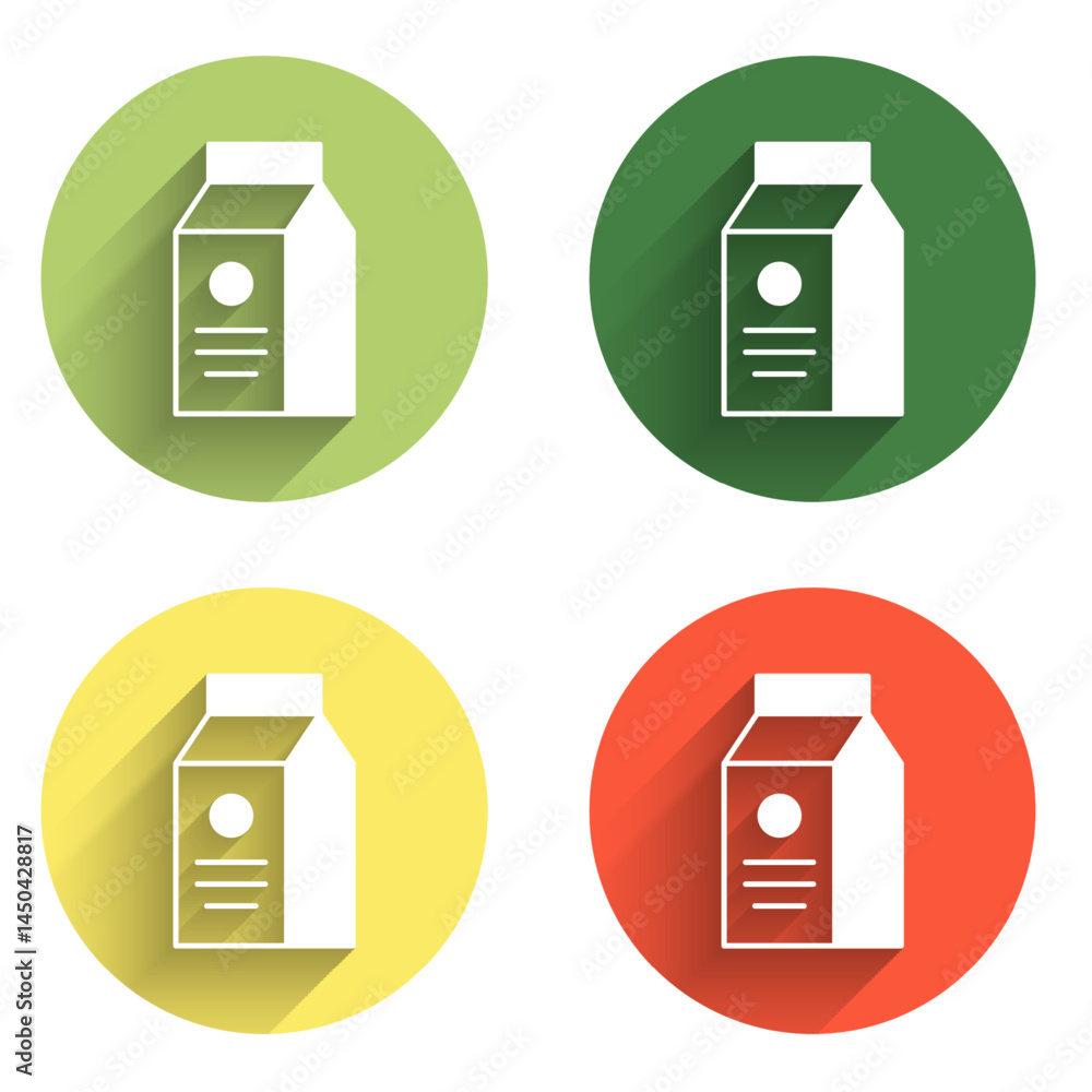 Poster set paper package for milk icon isolated with long shadow background. milk packet sign. color circle
