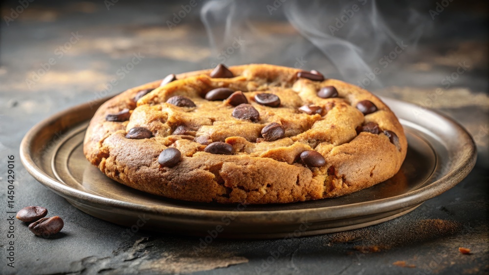 Aufkleber a freshly baked chocolate chip cookie with warm steam rising from its surface, resting on a rustic b