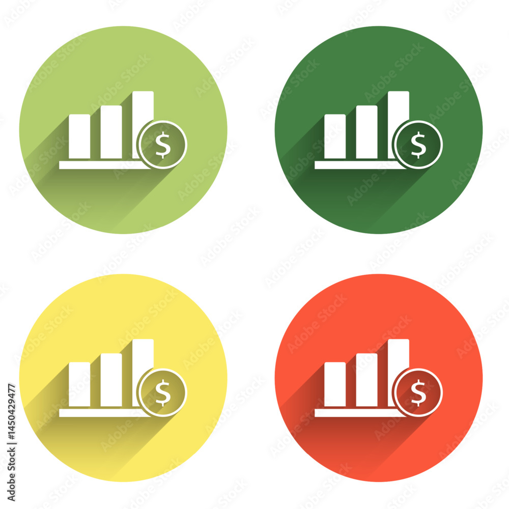 Poster set pie chart infographic and dollar symbol icon isolated with long shadow background. diagram chart