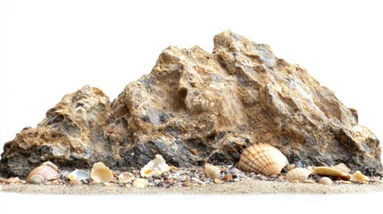 Rocky formation with wet sand and seashell fragments on white background.