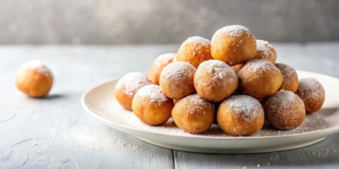 A plate of golden, deep-fried dough balls dusted with powdered sugar, a classic treat for any occasion.