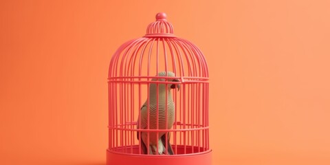a parrot in a red cage on an orange background 