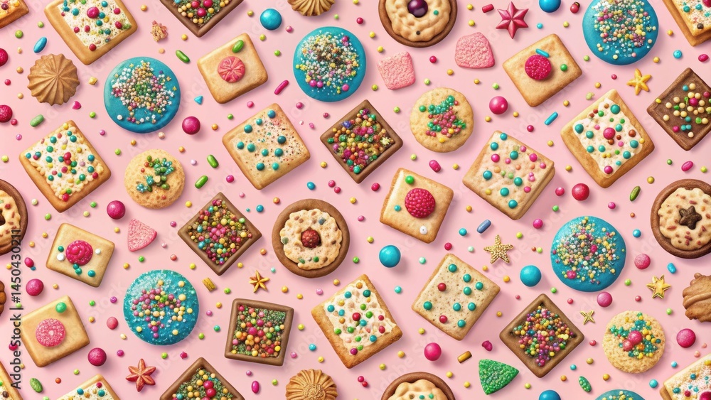 Poster A vibrant and delightful pattern of colorful sprinkles and cookies arranged on a pink background.  The cookies feature a variety of toppings and shapes, creating a whimsical and sweet visual feast.