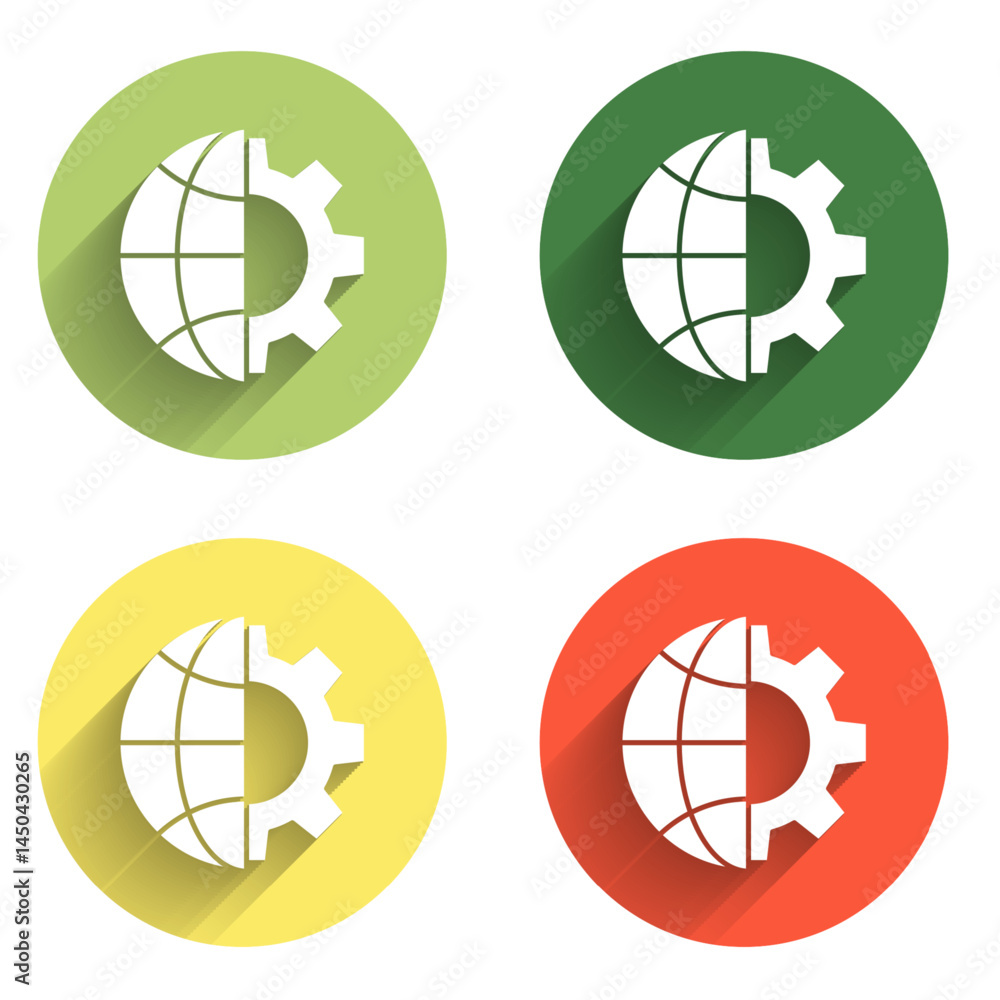Poster set globe of the earth and gear or cog icon isolated with long shadow background. setting parameters