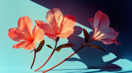 Peach blossoms, blue background, sunlight, minimal, spring