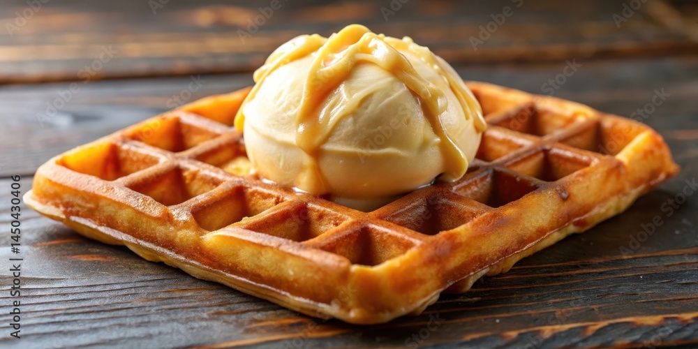 Poster golden waffle topped with a scoop of vanilla ice cream and a drizzle of caramel sauce