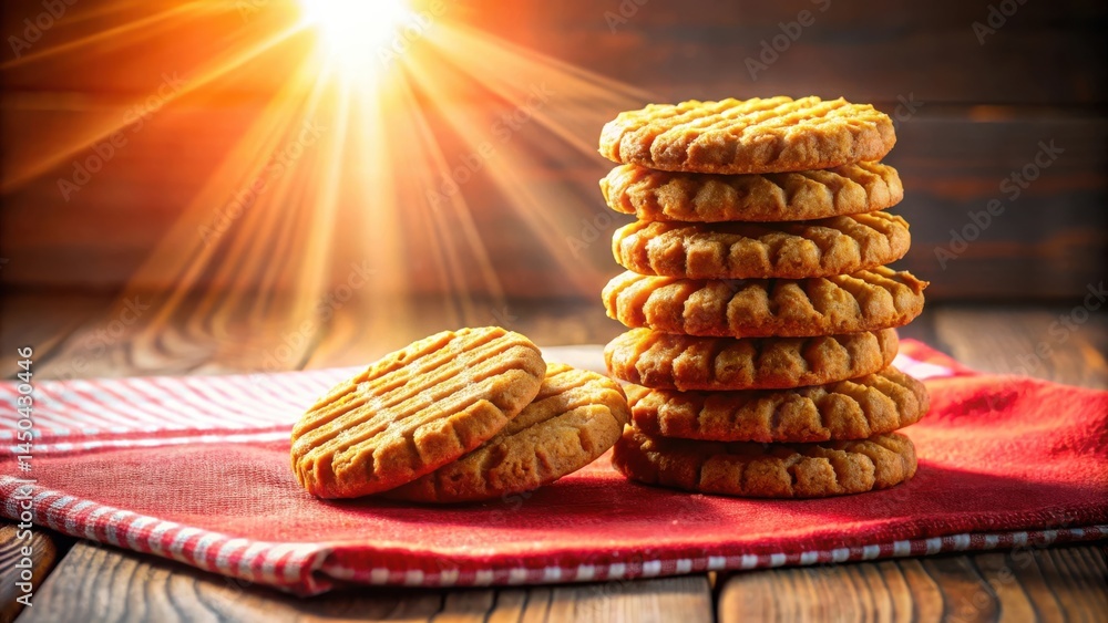 Poster golden buttery cookies stacked on a red and white gingham napkin with warm sunrays shining through