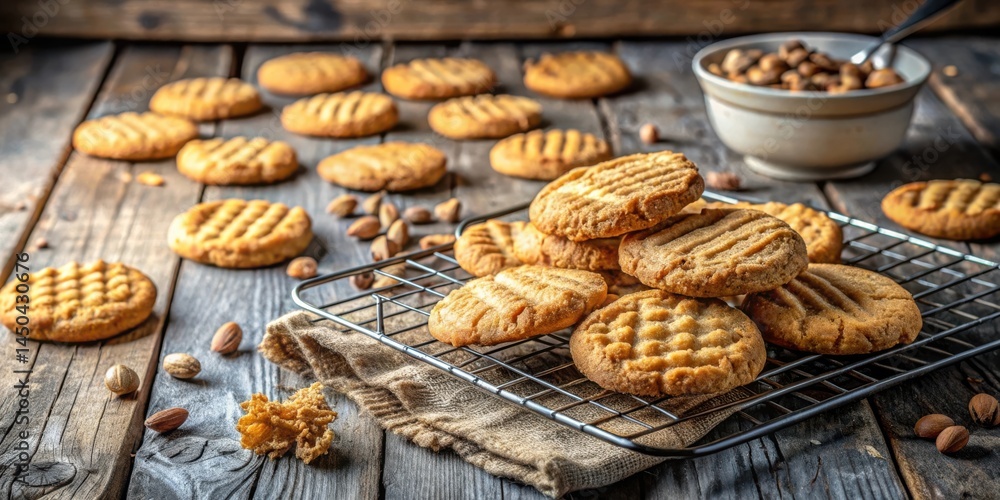 Poster golden brown cookies cooling on a wire rack with scattered nuts on a rustic wooden surface