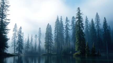 Fototapeta premium Misty morning sunlight filtering through tall evergreen trees reflected in a still lake