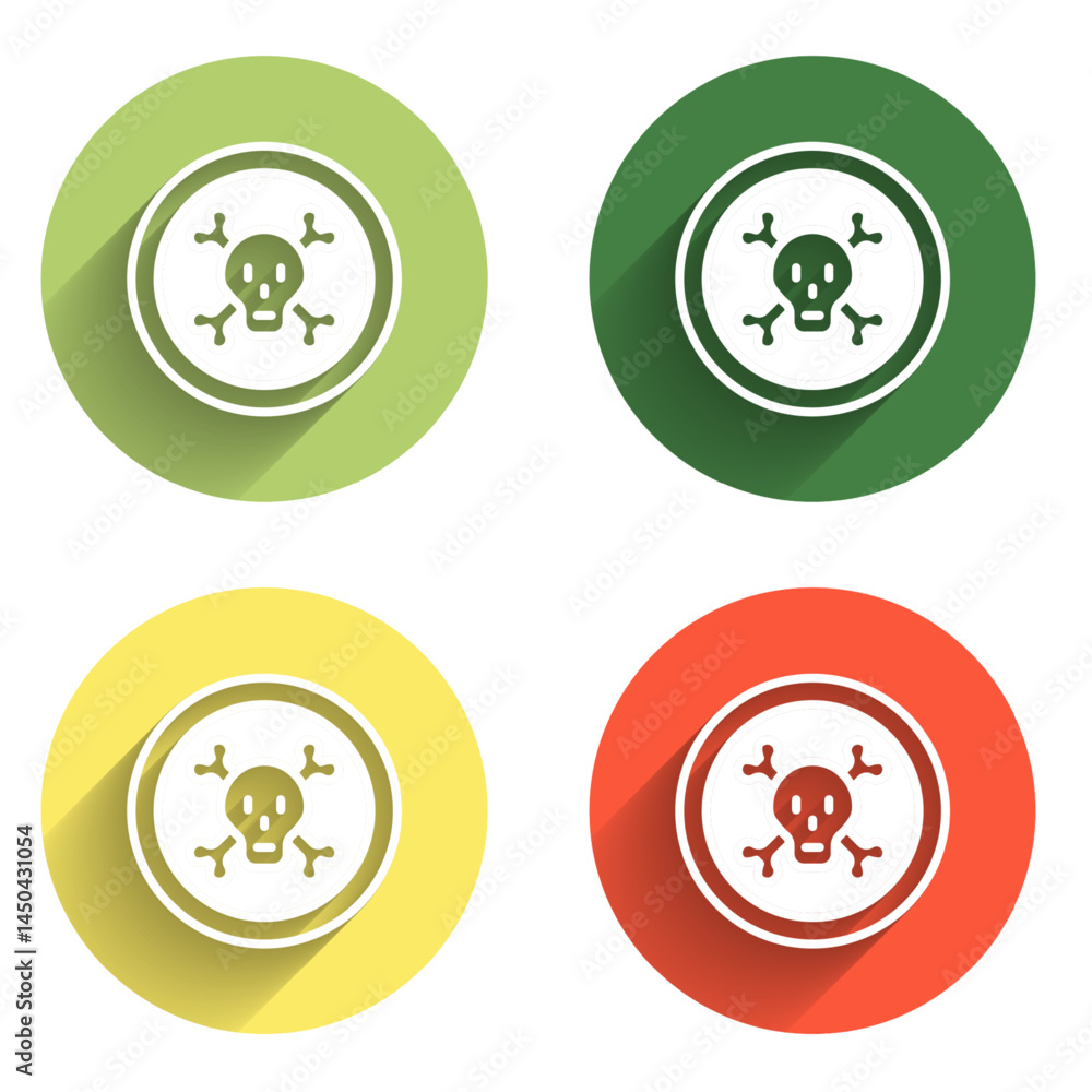Poster set bones and skull as a sign of toxicity warning icon isolated with long shadow background. color c