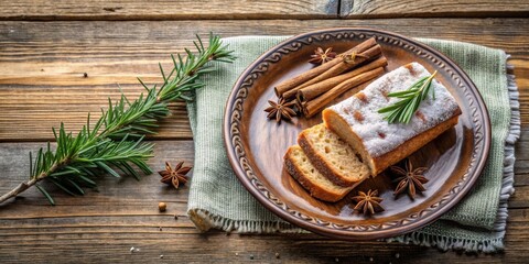 A Festive Table Setting Featuring a Deliciously Sweet and Aromatic Stollen Cake, Accompanied by Cinnamon Sticks, Star Anise, and a Sprig of Rosemary