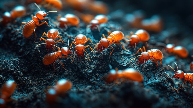 Close-up view of many small reddish-orange ants on dark soil