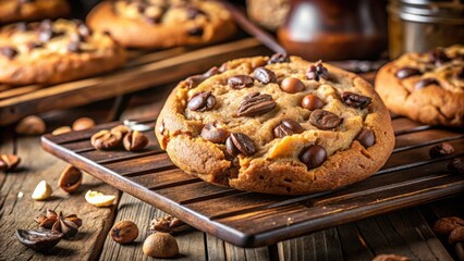 Close-up of a coffee and chocolate chip cookie on a wooden board, surrounded by coffee beans, nuts, and spices