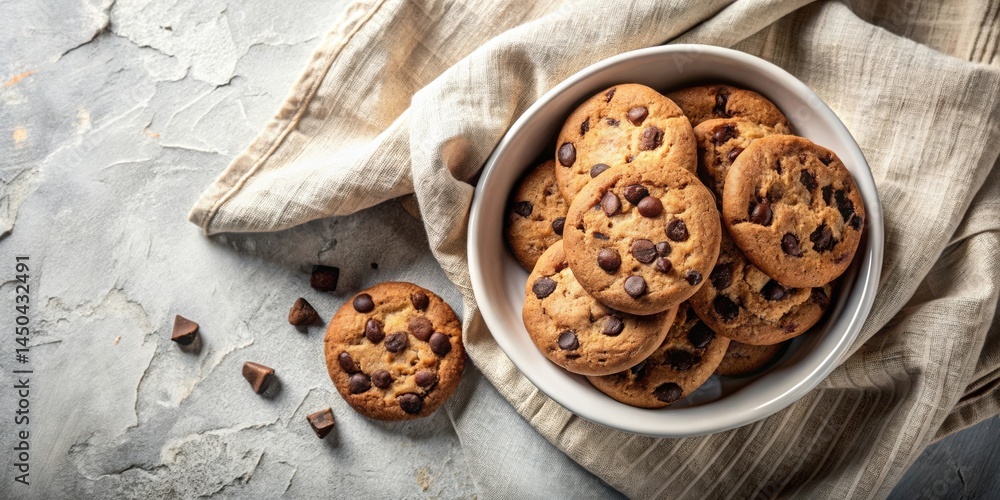 Poster a bowl of freshly baked chocolate chip cookies on a rustic table setting, ready to be enjoyed.