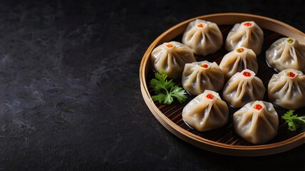 Chinese dumplings, soy sauce, dim sum on a dark background. Traditional asian food concept. Top view. Panorama.