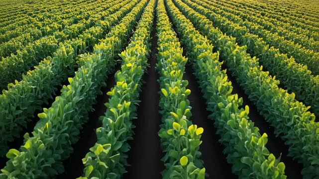 Vast field of green pea plants in rows.  Agricultural crops growing in field.